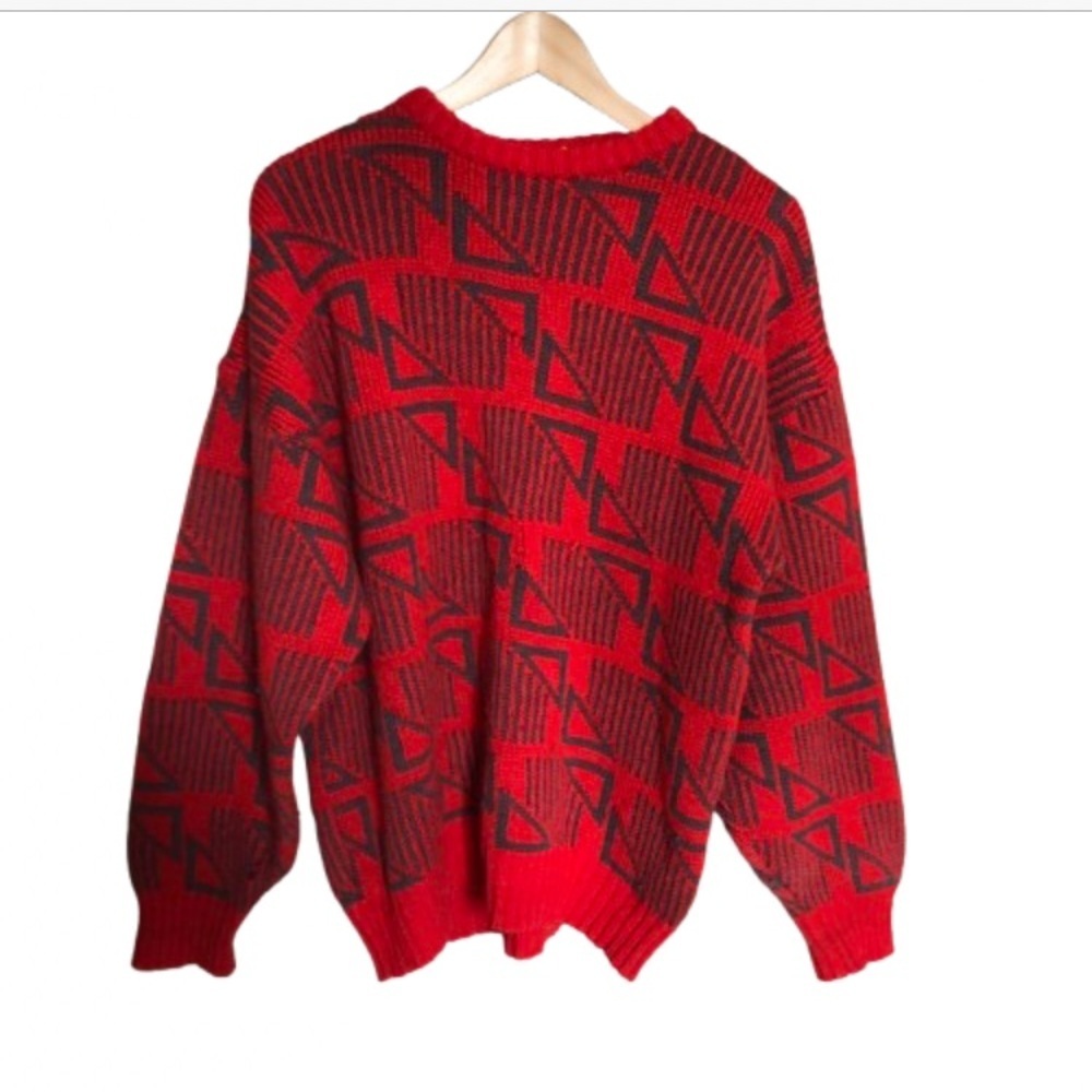 Vintage Scandi Geometric Red and Black Men's Crewneck Wool Sweater Medium